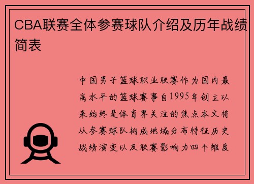 CBA联赛全体参赛球队介绍及历年战绩简表